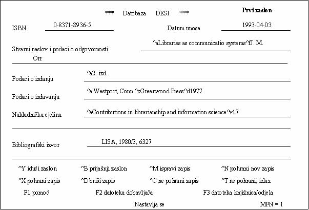 Kopjutorska obradba desiderata - prvi 
zaslon